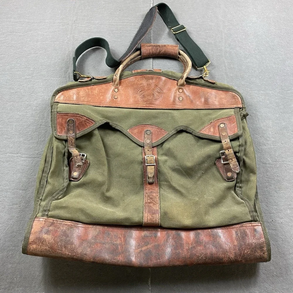 Vintage Orvis Battenkill Garment Bag Beautiful Aged Leather & Green Field Canvas